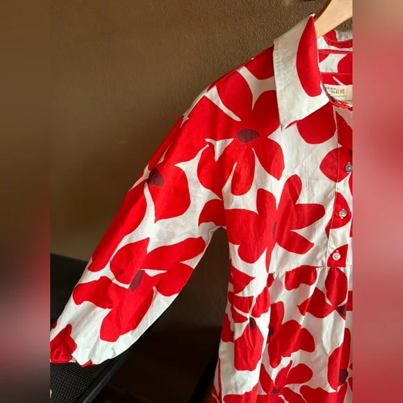 Maeve Anthropologie Bettina Midi Dress Tiered Buttondown Red Flowers SP - Picture 10 of 14